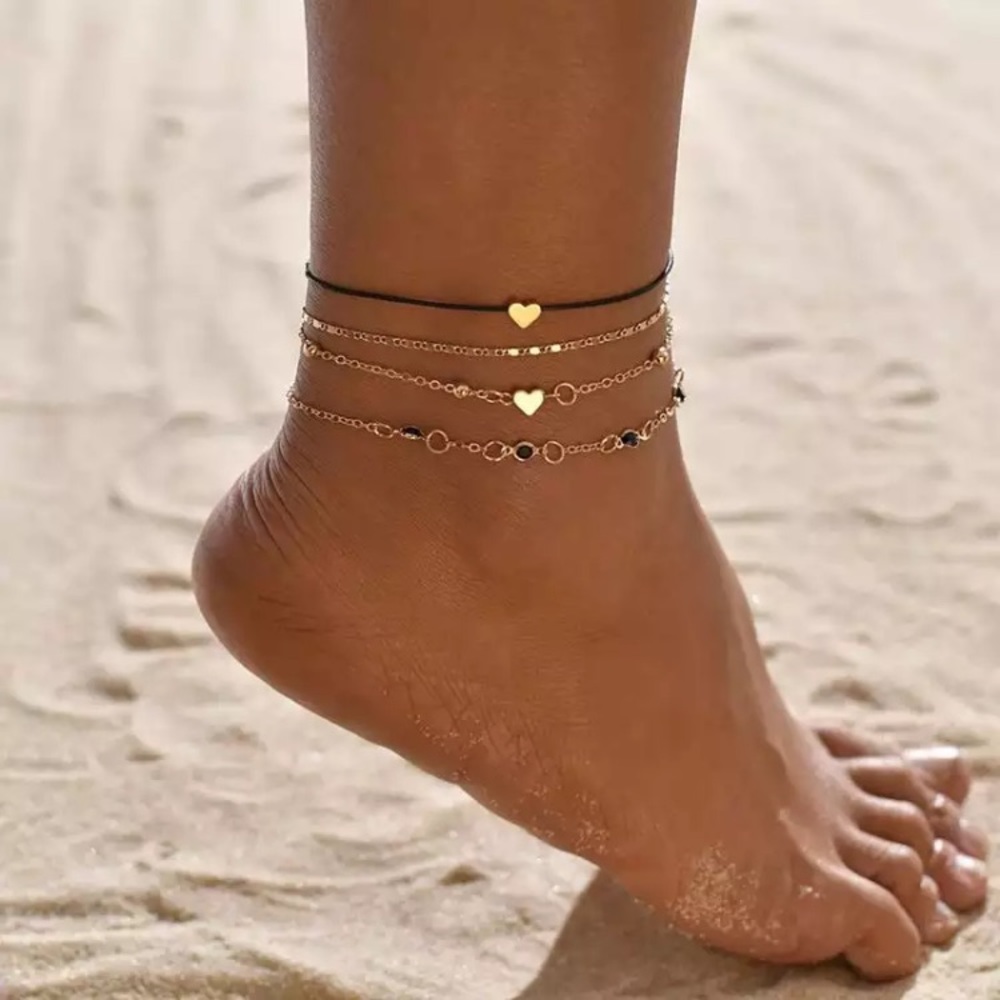 ⚜️𝟯𝟬%𝗢𝗙𝗙 𝗯𝘂𝗻𝗱𝗹𝗲𝘀 𝟯+⚜️ NEW 4 Layered Black Heart Anklets Set - Picture 7 of 12